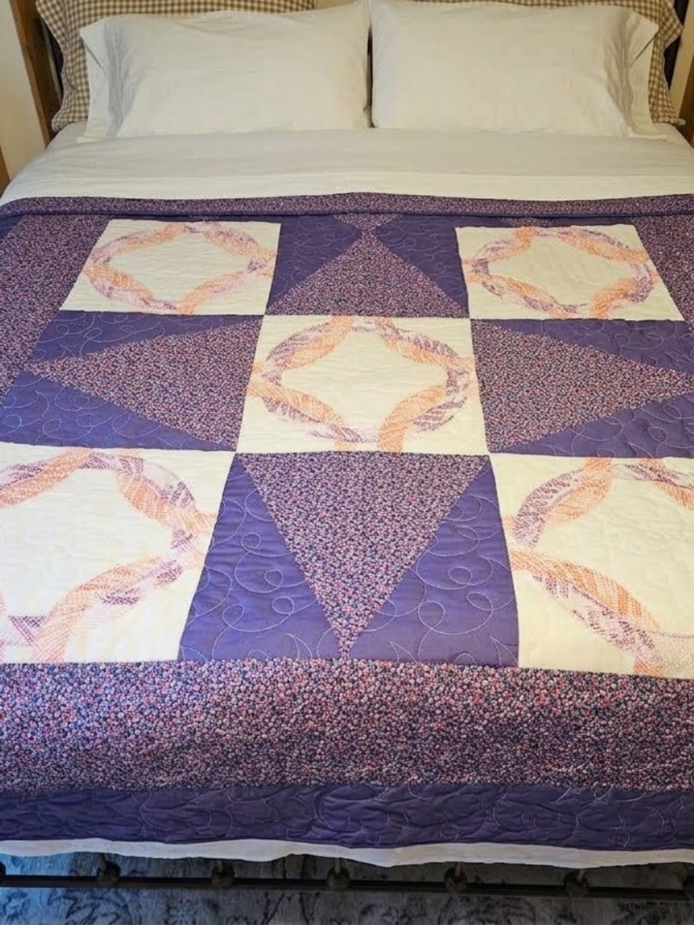 Homemade Purple Patchwork Quilt With Cross-stitch Detail